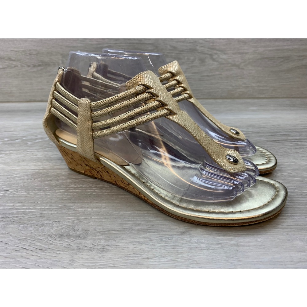 Donald J Pliner Dyna Gold Metallic Snakeskin Cork Wedge Sandals Women's 7